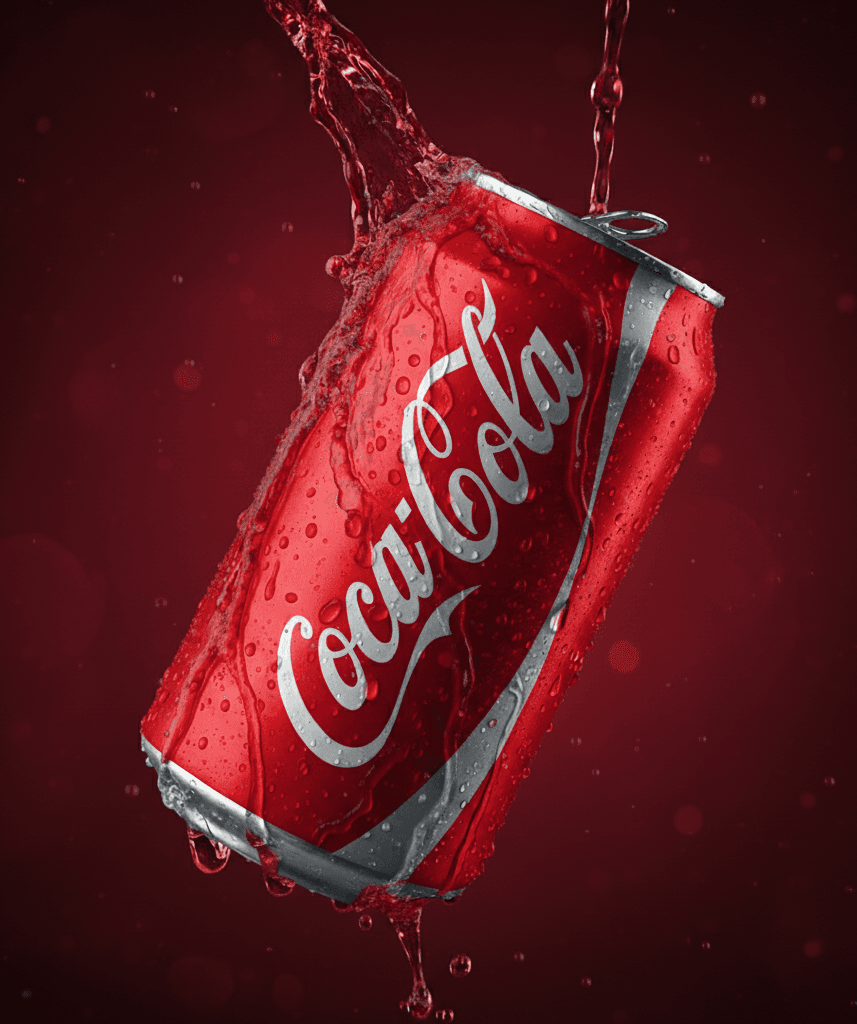 Promotional can of coca-cola being splashed with water droplets